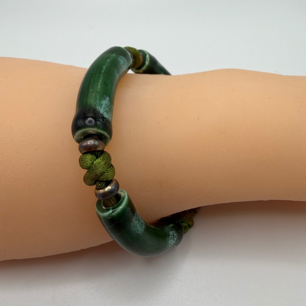 Artisan Green Ceramic Tube Bead Bracelet Knotted Silk Cord Asian Classic Elegant